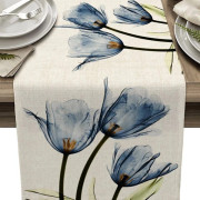 Bordslöpare med blå blommor, 33x180cm, tvättbar blommig bordsduk