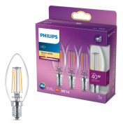 Philips - LED-glödlampa med filament - form: B35 - klar finish - E14 - 4.3 W (motsvarande 40 W) - klass F - varmt vitt ljus - 2700 K (paket om 3)