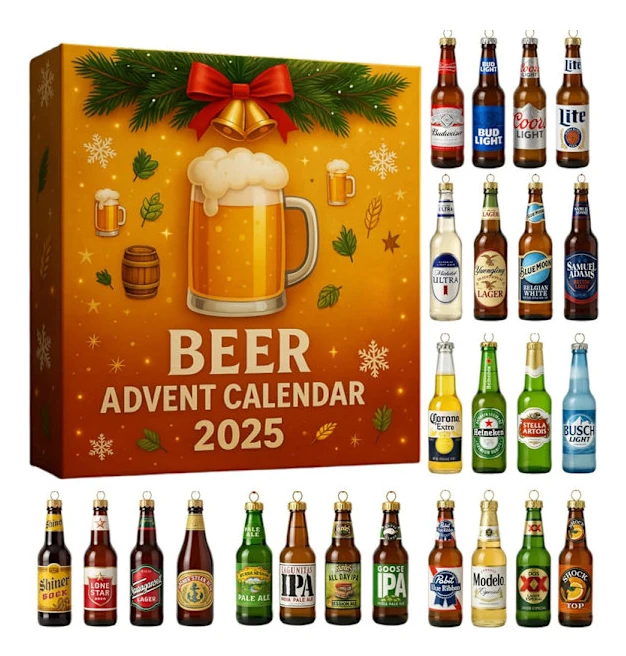 Öl Adventskalender 2025 – 24 Dagar Julkalende med 2D Ölflaska modell, Perfekt Julklapp för Whiskeyälskare