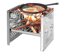 Campingspis med grillgaller och förvaringsväska, hopfällbar rostfri vedspis (25 cm x 15 cm)