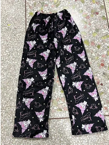 Julpyjamasbyxor för kvinnor med tecknat motiv, avslappnade sammetsbyxor för hemmabruk med kattmönster Svart Kuromi M Svart Kuromi M Svart Kuromi M Black Kuromi M