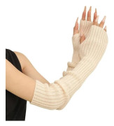 Armvärmare vinter för kvinnor, mode långa fingerlösa stickade vantehandskar armärmar med tumhål Off-white