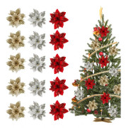 Jul Glitter Julstjärneblommor, 15 Stycken 14 x 14 cm Blomma Jul Deco Röd Guld Silver Simulering Blomma för Julgransdekoration