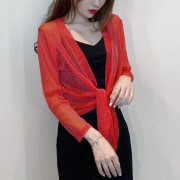 1 st Långärmad nylon spetskäpp Lös tunn sjal utanför damsolkrämskjortan Kort sommarjacka Toppar Pearlized Ice Silk Cardigan Lace Coats XL röd
