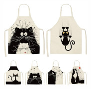 1-pack med ärmlöst köksförkläde i bomullslinne med tecknad katt, hushållsrengöringskläder (stil 01, 65x53cm)