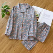 Japansk Vår och Höst Ny Dam Pyjamas Set 100% Bomull Vintage Långärmad Byxor Tvådelat Set för Heminredning XL