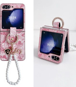 För Samsung Galaxy Z Flip 6 5 4 3 fodral Färgglad kinesisk stil mönstrad läderringfäste med armband Stötsäkert bakstycke for Galaxy Z Flip 3&case with bracelet