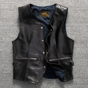 Retro Topplager Fårskinn Herr Äkta Läderjacka Färdigsydd Tung Vattentvättad Casual Slim Väst Axel 2XL svart