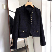 Ny Höst Svart Fransk Svart Guld Kort Liten Doft Retro Tweedjacka för Kvinnor S svart