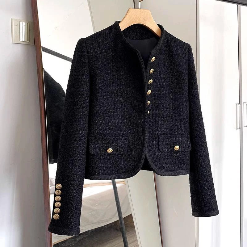 Ny Höst Svart Fransk Svart Guld Kort Liten Doft Retro Tweedjacka för Kvinnor S svart