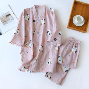 Ny japansk-stil Kimono Tvådelad Par Pyjamas Omslag Män och Kvinnor Ren Bomull Glesväv Söt Kattunge Tunn Hemmaservice Plus Size XL