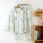 Vår/Höst Pyjamas i Kinesisk Stil för Kvinnor Bomullsgasväv Snörning Långärmade Byxor Elegant Hemmaklädsel Kimono Hemkläder L blå