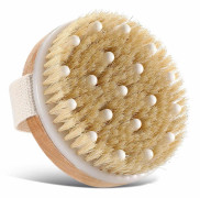 Kroppsborste för våt eller torrborstning, rund exfolieringsborste, skonsamma massagepunkter, naturliga borst förbättrar lymffunktionen, exfolierar, stimulerar