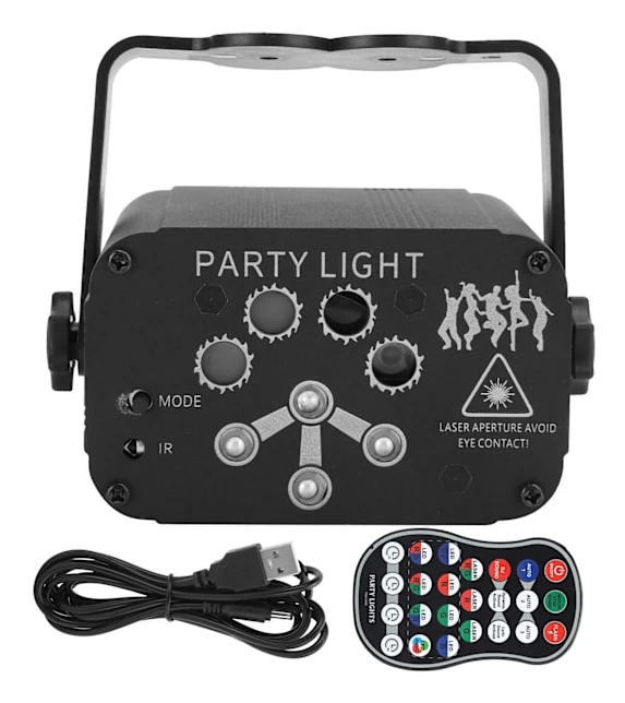 Fjärrstyrda scenljus för inomhus- och utomhusdekorationer, discoljus med multi-effekt laserljus och ljudaktiverade DJ-ljus