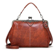 Dam Retro Ihålig Oljevax Läder Handväska Kiss Lock Crossbody Väska Vintage Messenger Väska Tote Brun