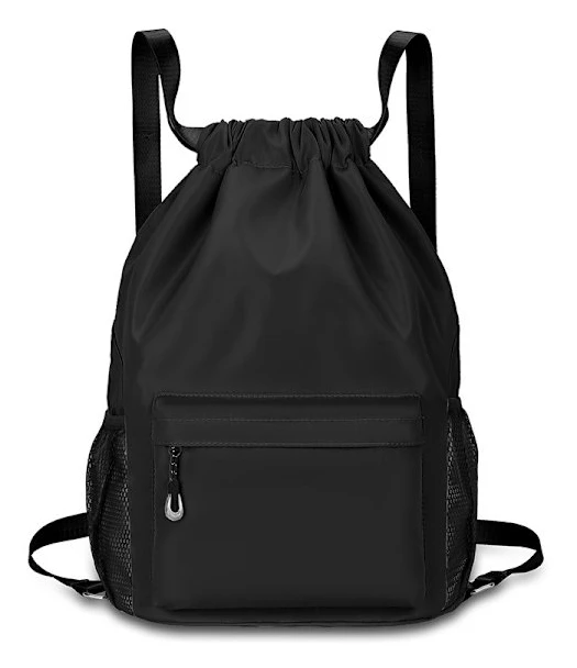 Lättviktig ryggsäck med dragsko, vattenflaskhållare och fickor, Gym Sport Cinch Sackpack (Svart)