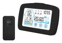 Hygrometertermometer för inom- och utomhusbruk med tid, bakgrundsbelyst LCD-skärm, elektronisk temperatur för skrivbord svart