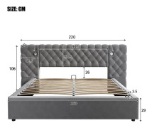 Polsterbed 160 x 200 cm med hydraulisk funktion, LED-belysning, förvaring, mjukt brett huvudgavel, sammet, grå