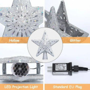 Stjärnformad julgransstjärna, 2-i-1 LED-snöflingeprojektorlampa, upplyst julgransstjärna för inomhus- och utomhusdekoration, silverstjärna, EU-kontakt