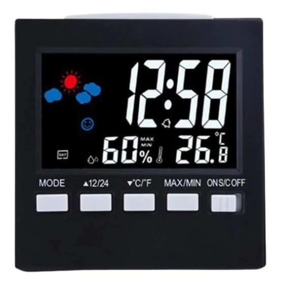 Practical weather station with alarm clock, black