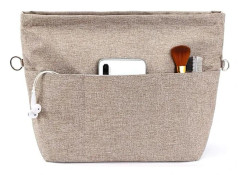 Handbag Organizer, Tote Bag Insert with Multiple Compartments and Zippers, Sturdy Bag Insert with Keychain. Light Brown, S S