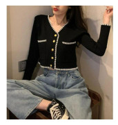 Xiaoxiang-stil Krage Långärmad Stickad Kofta Dam Ny Koreansk Stil Lös Utländsk Stil Mångsidig Tunn Jacka One Size svart