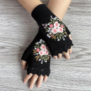 Broderade blommiga stickade handskar Retro Handgjorda virkade halvfinger pekskärmshandskar Höst Vinter Dam Varma handskar (LGL) Black One-size