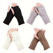 4-pack Vintervärme Damstickade Fingerlösa Handskar med Tumhål, Virkade Armvärmare med Manschett, 100% Akrylfiber, Elastiska, för Utomhusbruk (FMY) Black + Gray + White + Khaki