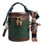 [PU Läder Mini Björn Väska] PU Läder Mini Björn Cylinder Handväska | Dam Crossbody Väska, Halsduk Dekor Hinkväska (FMY)