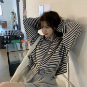 Randig luvtröja för damer i höst, koreansk stil, studenter, lös och mångsidig långärmad topp 2XL blå