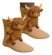 Djursockor, 3D-stickade Highland cow-sockor, söta plyschdjursockor, härlig present