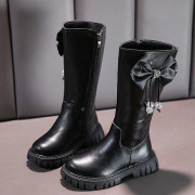 Flickas vinterstövlar i fuskpäls, höga barnstövlar för höst och vinter, varma läderstövlar med rosett - Svart - Storlek 29 Black Size 29