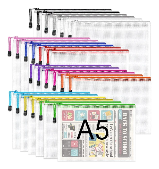 A5 plastfickor med dragkedja - 24 st A5 nätfickor med dragkedja i plast, dokumentfickor med dragkedja, reseförvaringsfickor för kontorsmaterial 12 Colours 24 PCS A5