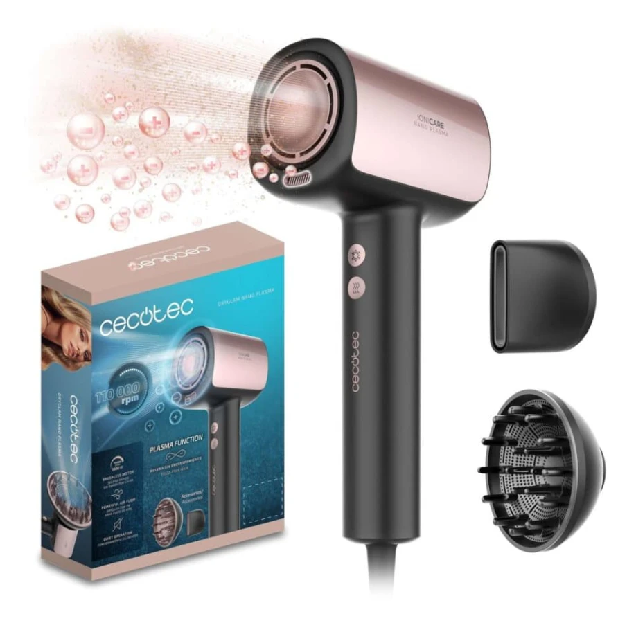 Cecotec Sèche-Cheveux Brushless av Nyaste Generationen DryGlam Nano Plasma Svart, Effekt på 110 000 RPM och 1600W