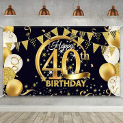 40-årsfestdekoration, extra stor tygskylt svart guldskylt för 40-årsjubileum Fotobås Bakgrundsbanner, 40:e null none