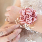 Ros Armbandsblommor, Blommig Bröllopsarmbandsblomma med Strass och Pärla, Handblomsarmband Sidenros Knapphålsblomma Set för Bröllop (Rosa)