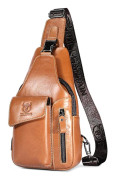 Crossbody-väska, bröstväska, toppskiktsläder, dagryggsäck med USB-laddningsport Orange
