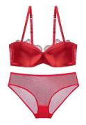 Fransk spets 1/2 tunn kupa sexig bh-set dam sömlösa underkläder push up behå andningsbara mesh trosor set plus size underkläder red 70D