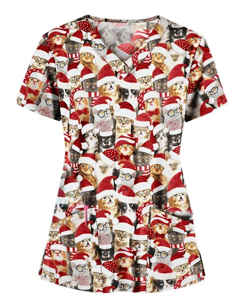 Jul sjuksköterska Uniform Kvinnor V-hals Print T-shirt Casual Kortärmad Pocket Toppar 4 XL