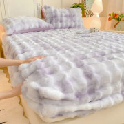 Madrasskydd/överdrag - Med örngott, fuskkaninpäls, 180*200cm (Tie-dye lila) Tie-dye purple 180*200