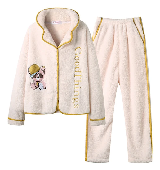 Benvita Björn Sammet Pyjamas Dam Långärmad Plus Sammet Tecknad Coral Sammet Pyjamas Off-white Bear XL