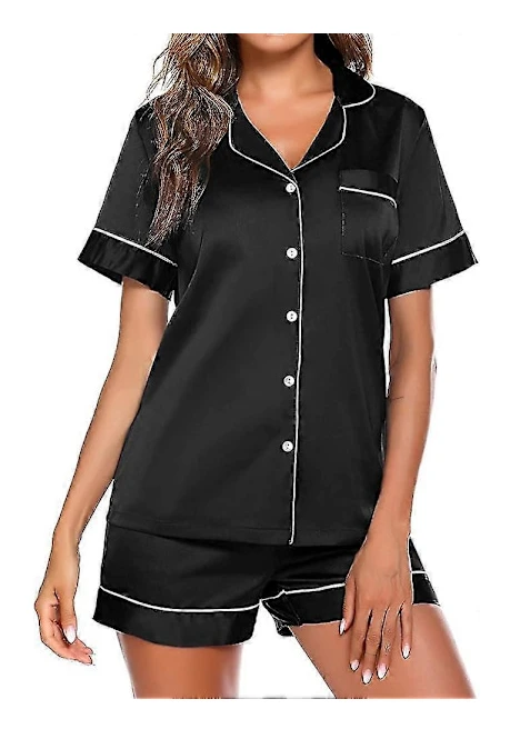 Dam Pyjamas -acsergery Satin Pyjamasset för Kvinnor 2 delar Siden Kortärmad Knäppning Nedåt Gåva