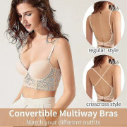 Lågskuren push-up-bh för damer, djup V-ringad rygglös bh med spets, bygel, konvertibel bh, beige 38DD, beige 38B