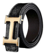 Ny stil Affärsfritid Äkta Pu-läder H Smidigt spänne Litchi-kornbälte för män Earthy yellow silver buckle