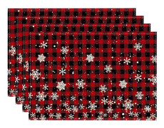 Röda och svarta Buffalo Plaid juldukar för matbord, 12 x 18 tum säsongsbetonade vinterjulsnöflingor set om 4