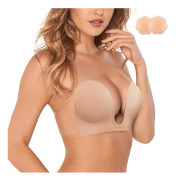 Plunge Strapless Sticky Push Up BH Slitlös Limmad Osynlig, Med Bröstvårtsskydd Beige 1 XX-Large