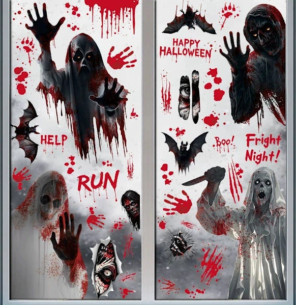 Halloween Fönsterdekorationer Spöklikt Spöke Dekor Vintage Dubbelsidiga Blodiga Handavtryck Fotavtryck Glasdekoration Läskiga Festtillbehör Fyra Stilar 20x30cm