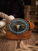 Western Cowboy PU Läderbälte - Midjerem för män, Tjurdekoration, Floral Gravering för Jeansbälten (FMY) Brown 120cm