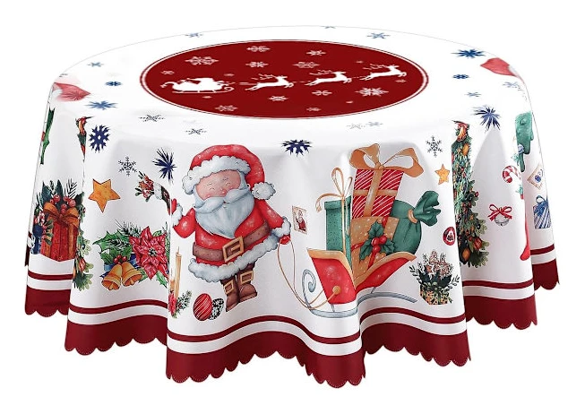 Julbordsduk (rund) - 150cm - Juldekorationer - snöflingeträd, snögubbe, ren julbordsduk - festdekorationer
