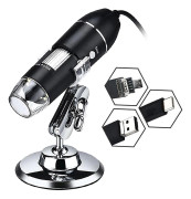3 i 1 typ 1600X HD handhållet digitalt mikroskop med stativ och 8 justerbara LED-lampor, USB/micro USB/Type-C-gränssnitt